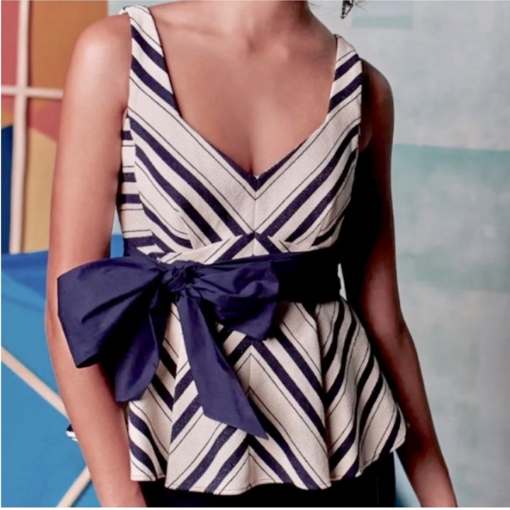 Maeve Anthropologie Peplum Sleeveless Blouse Stripes Navy White Sparkle Bow S
